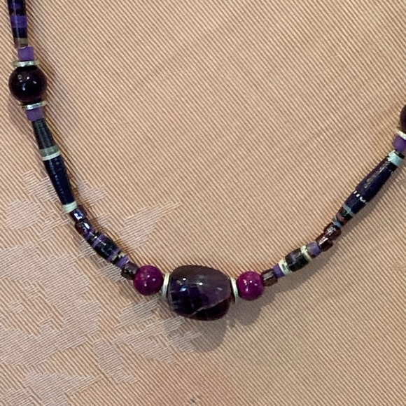 Stone Necklace. Amethyst, glass, seed and tube beads. Fish Hook clasp. - Picture 2 of 16